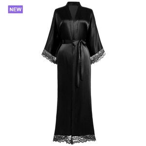 Satin Kimono Robe with Lace Trim, Long Silky Bath Robe